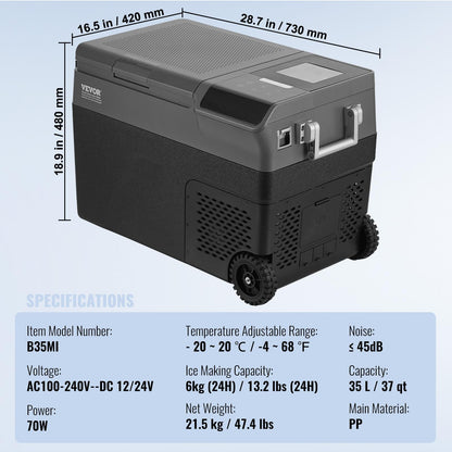 VEVOR Refrigerador Portátil para Automóvil de 35L con Función de Fabricación de Hielo, Temperatura Ajustable de -20°C a 20°C, Con Ruedas, Ideal para Camping y Automóvil, 730 x 420 x 480 mm, ≤ 45 dB