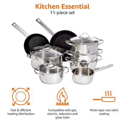 Batería de Cocina Inducción 11 Piezas, Acero Inoxidable, Plateado