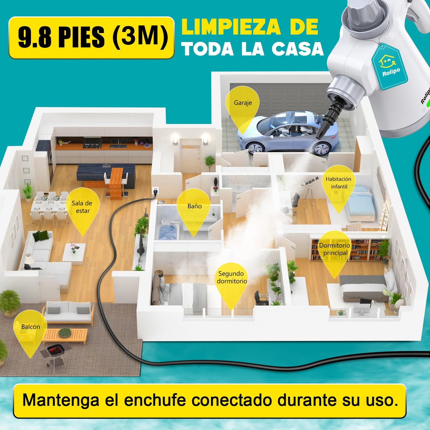 Rolipo Limpiador a Vapor Portátil, con 12 Accesorios y Cierre de Seguridad