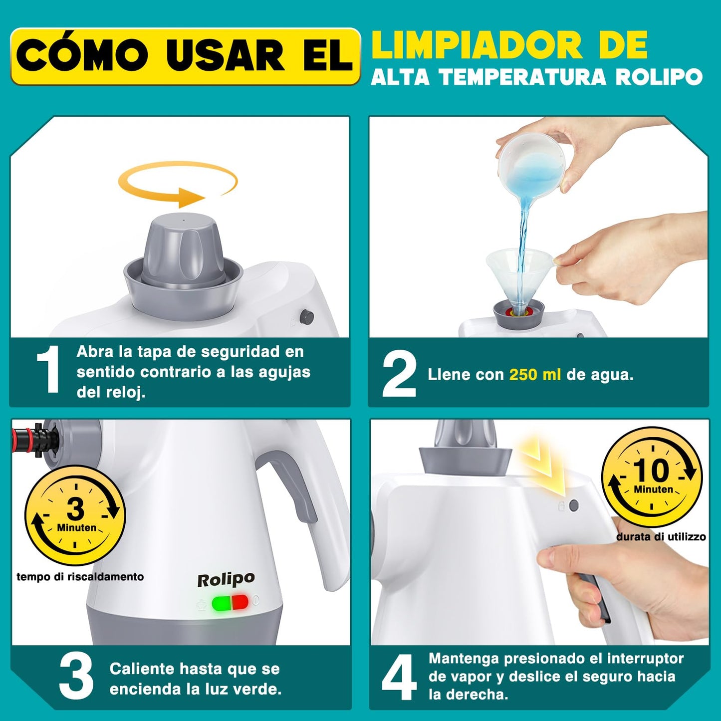 Rolipo Limpiador a Vapor Portátil, con 12 Accesorios y Cierre de Seguridad