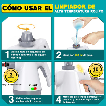 Rolipo Limpiador a Vapor Portátil, con 12 Accesorios y Cierre de Seguridad