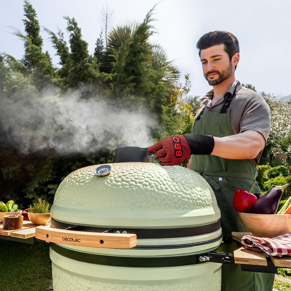 Cecotec Kamado Barbacoa de Carbón Cerámica Ø 60cm DragonFire 6000, Asa, Ahuma, Hornea y Guisa, Resistente a 1000°C, Soporte de Hierro Fundido, Cámara Hermética, Con Ruedas y Termómetro