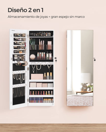 SONGMICS Espejo Joyero con Cerradura, Montado en Pared o Puerta, con Organizadores de Maquillaje, Blanco