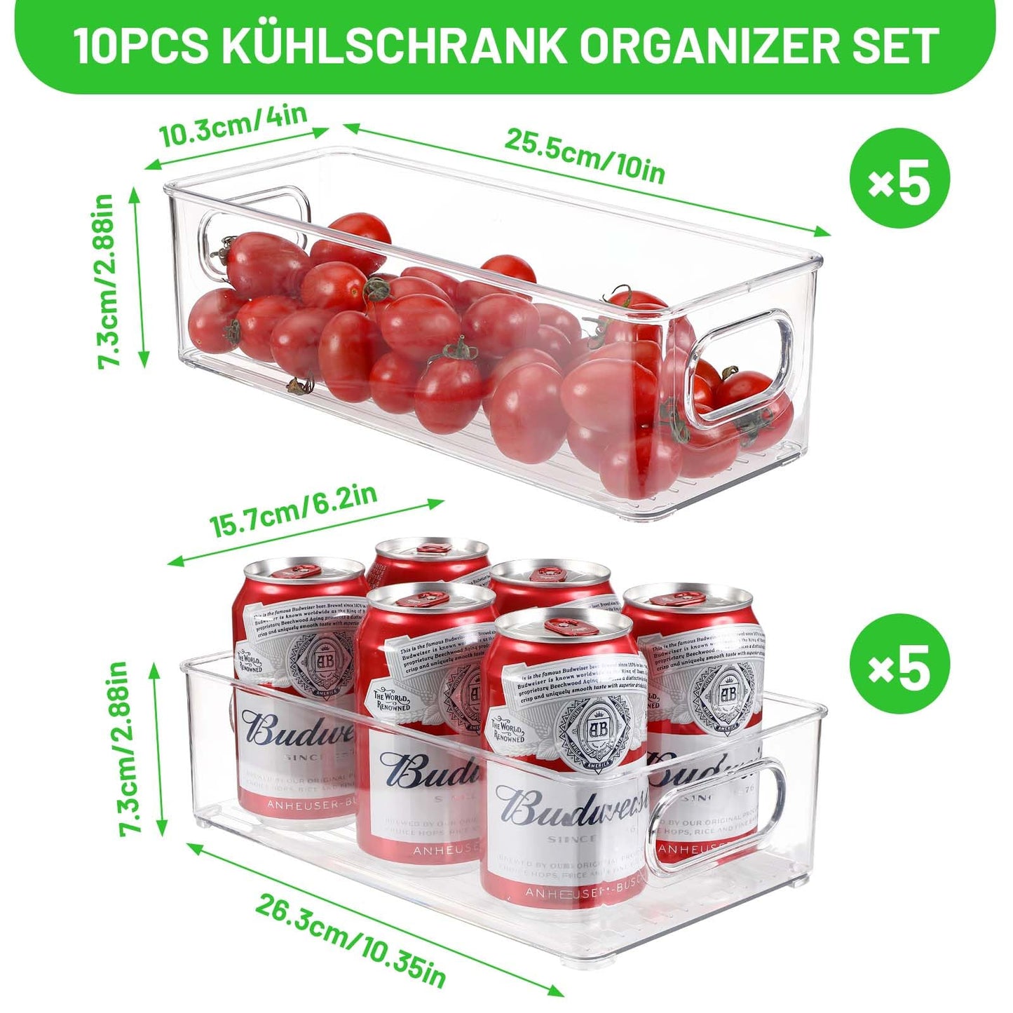 Royouzi 10-Piece Refrigerator Organizer, 2 Sizes, Stackable, Transparent, BPA-Free