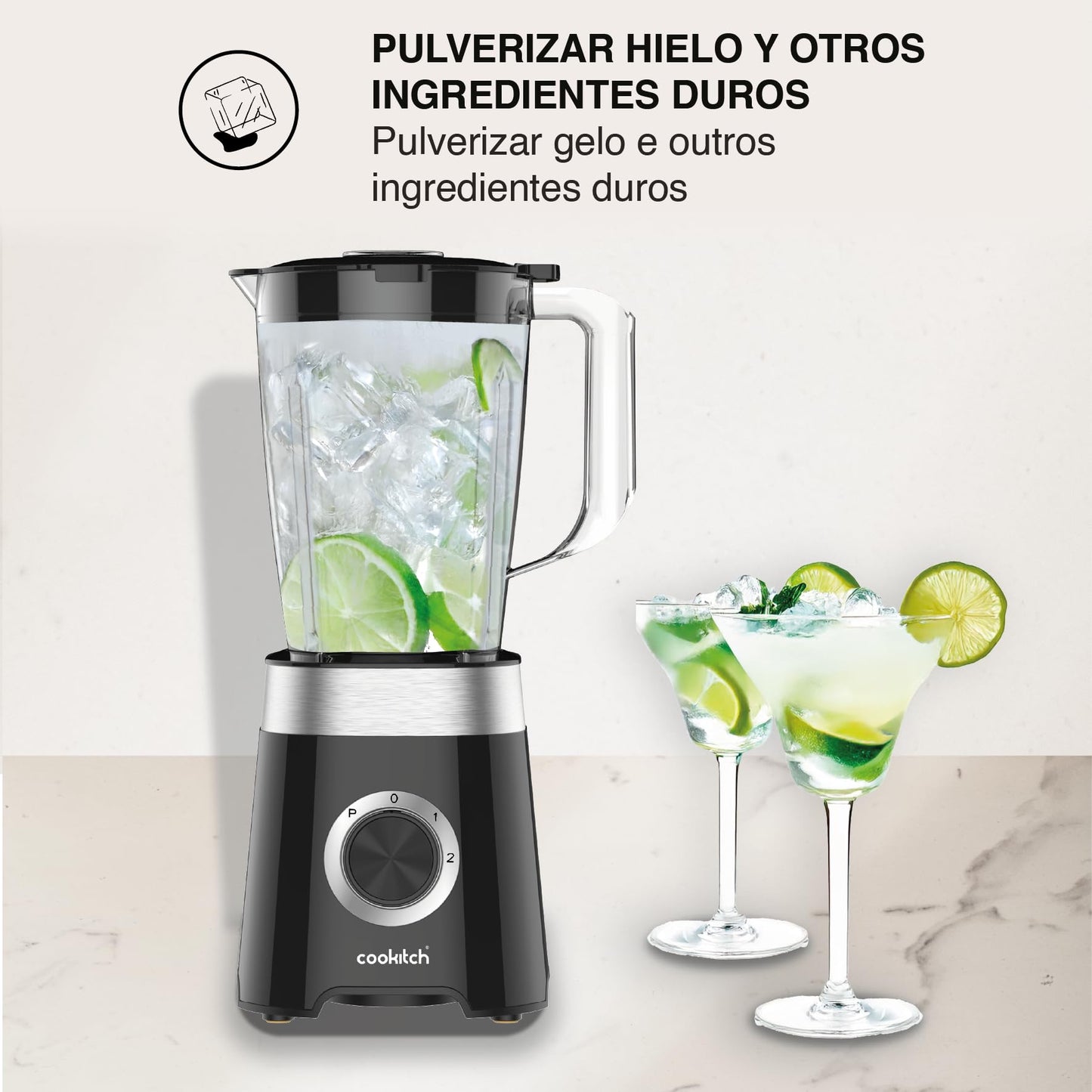 COOKITCH Batidora de Vaso 1.5L, 500W, Jarra de Plástico, 2 Velocidades + Pulso