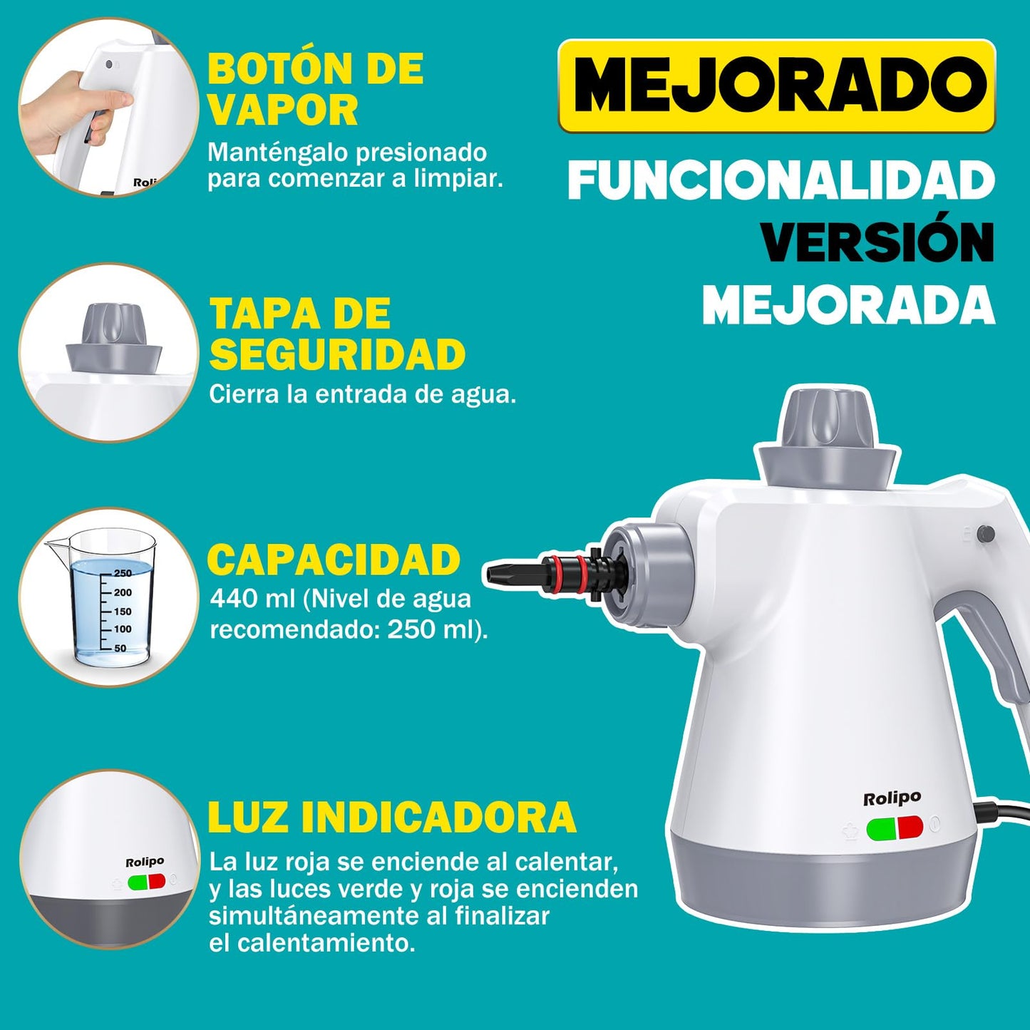 Rolipo Limpiador a Vapor Portátil, con 12 Accesorios y Cierre de Seguridad