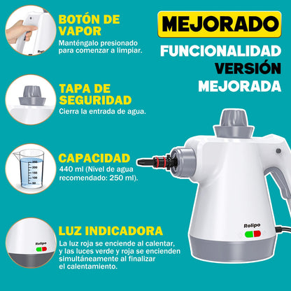 Rolipo Limpiador a Vapor Portátil, con 12 Accesorios y Cierre de Seguridad