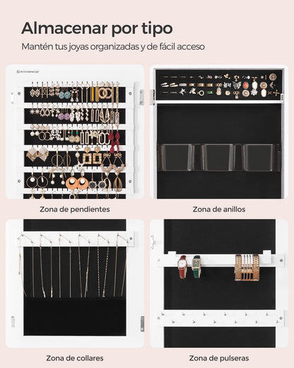 SONGMICS Espejo Joyero con Cerradura, Montado en Pared o Puerta, con Organizadores de Maquillaje, Blanco