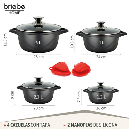 briebe Batería Cocina Inducción 8 Piezas, Aluminio Fundido, Antiadherente ILAG GRANITEC sin PFOA, Tapas Cristal, Guantes Silicona