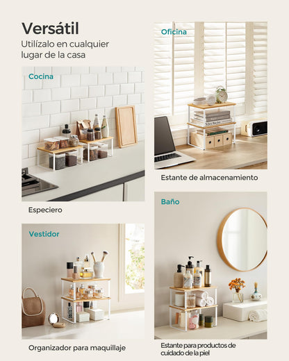 SONGMICS 2-Piece Extendable Spice Rack, Metal and Wood, White and Beige