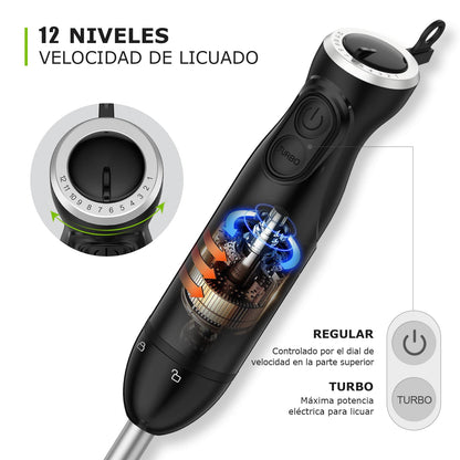 Bonsenkitchen Batidora de Mano, 1000W, Acero Inoxidable, Velocidades Variables