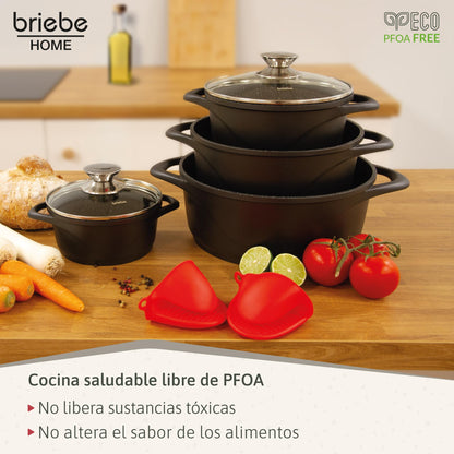 briebe Batería Cocina Inducción 8 Piezas, Aluminio Fundido, Antiadherente ILAG GRANITEC sin PFOA, Tapas Cristal, Guantes Silicona