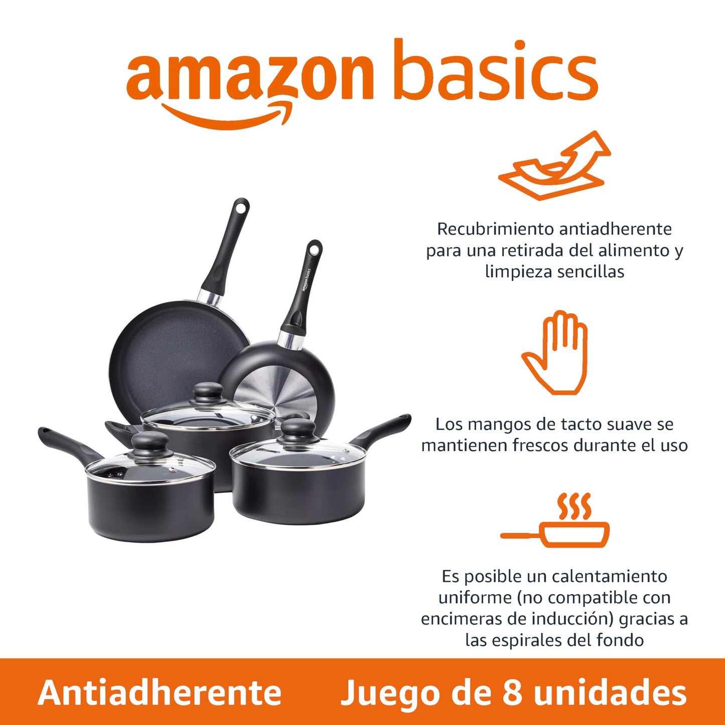 Amazon Basics Juego de Utensilios de Cocina Antiadherentes, 8 Piezas, Negro
