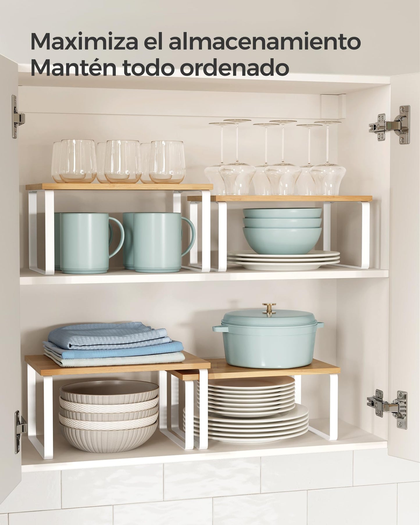 SONGMICS 2-Piece Extendable Spice Rack, Metal and Wood, White and Beige