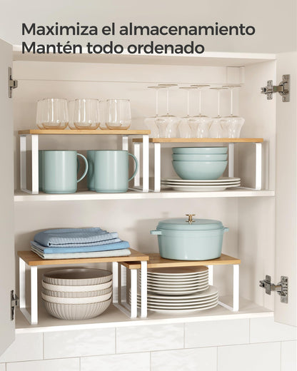 SONGMICS 2-Piece Extendable Spice Rack, Metal and Wood, White and Beige