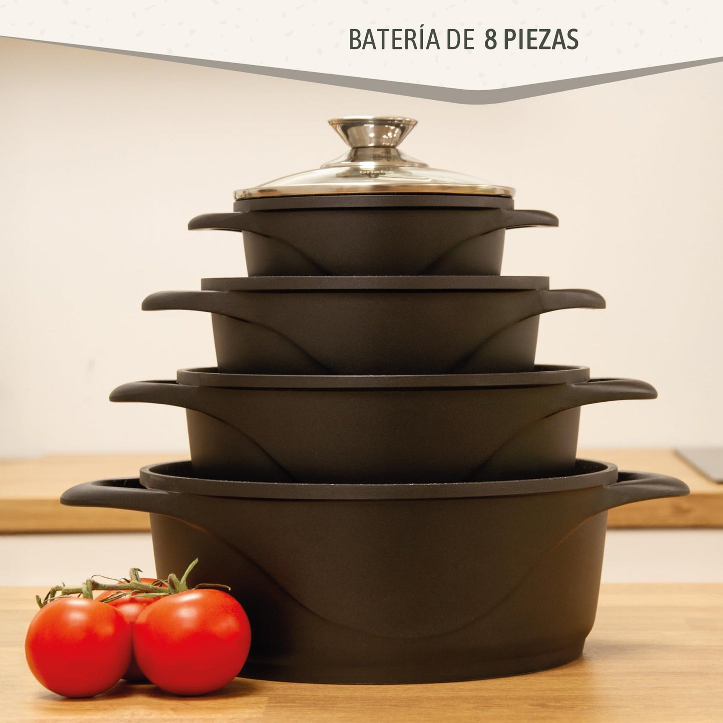 briebe Batería Cocina Inducción 8 Piezas, Aluminio Fundido, Antiadherente ILAG GRANITEC sin PFOA, Tapas Cristal, Guantes Silicona