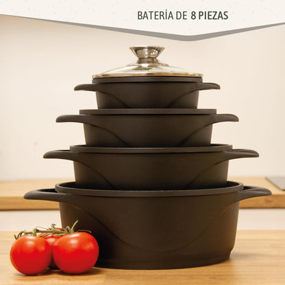briebe Batería Cocina Inducción 8 Piezas, Aluminio Fundido, Antiadherente ILAG GRANITEC sin PFOA, Tapas Cristal, Guantes Silicona