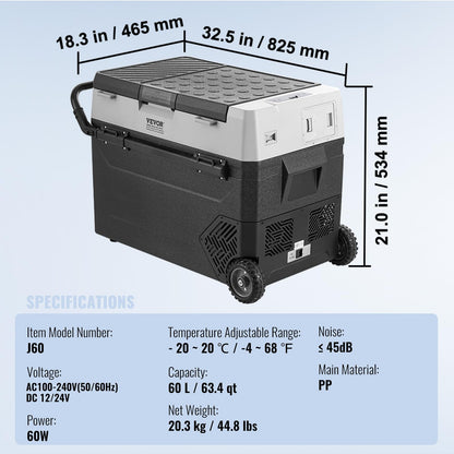 VEVOR Refrigerador Portátil para Automóvil de 60L, Temperatura Ajustable de -20°C a 20°C, Ideal para Hogar, Camping, Vehículos Recreativos y Automóviles, 825 x 46,5 x 534 mm