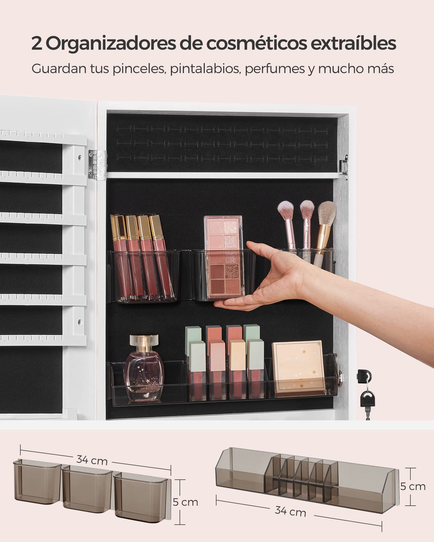 SONGMICS Espejo Joyero con Cerradura, Montado en Pared o Puerta, con Organizadores de Maquillaje, Blanco