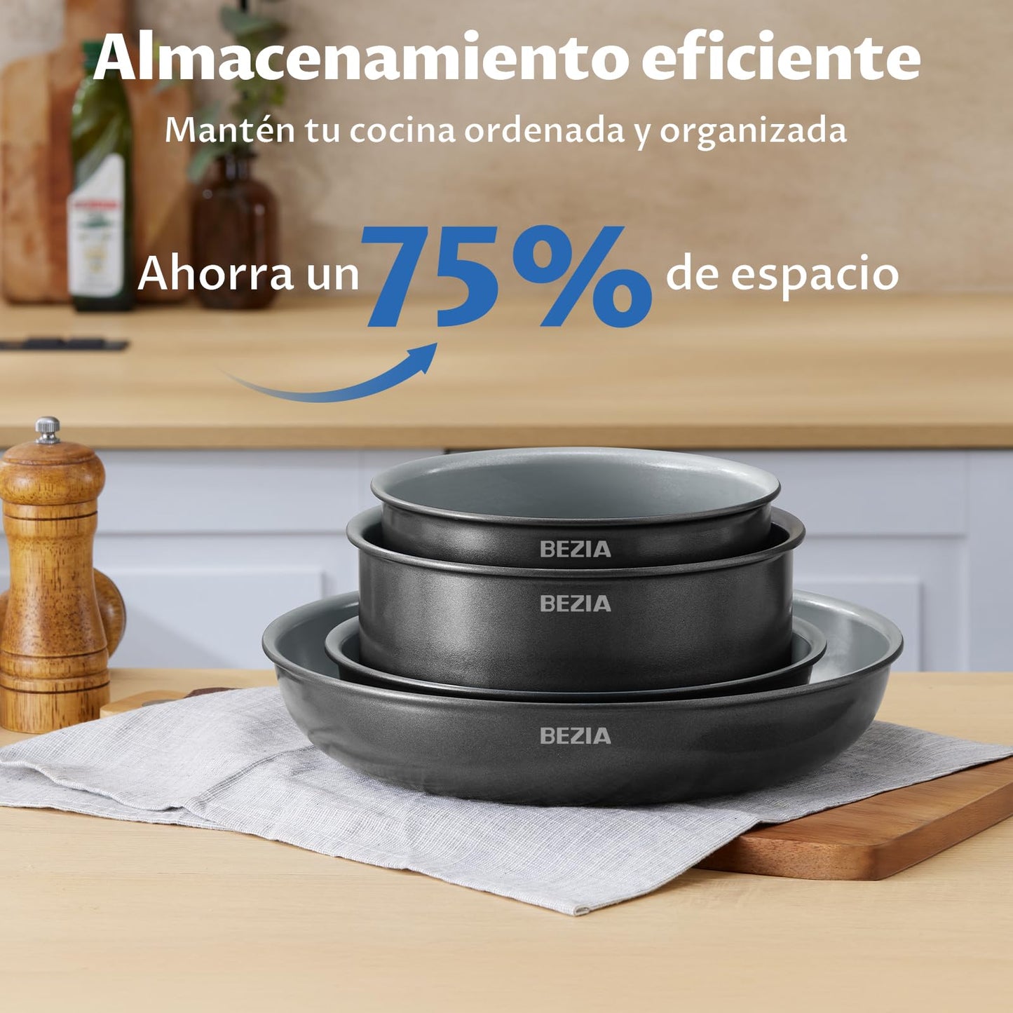 BEZIA Juego de Utensilios de Cocina de Inducción, 10 Piezas, Cerámica Antiadherente, Asas Desmontables
