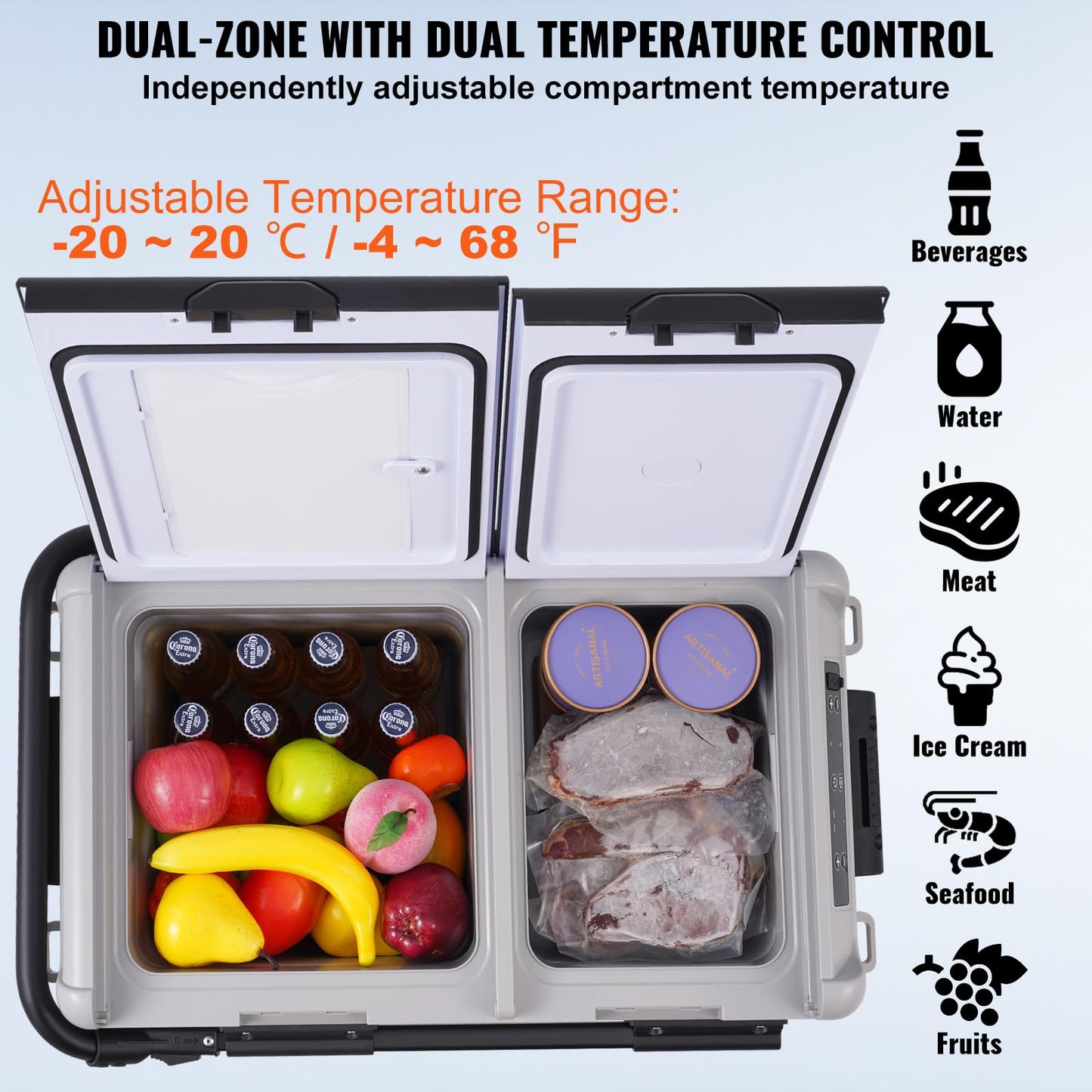 VEVOR Refrigerador Portátil para Automóvil de 50L, Doble Zona, Temperatura Ajustable de -20°C a 20°C, con Compresor, Ideal para Hogar, Campamentos y Vehículos Recreativos, 708 x 440 x 551 mm
