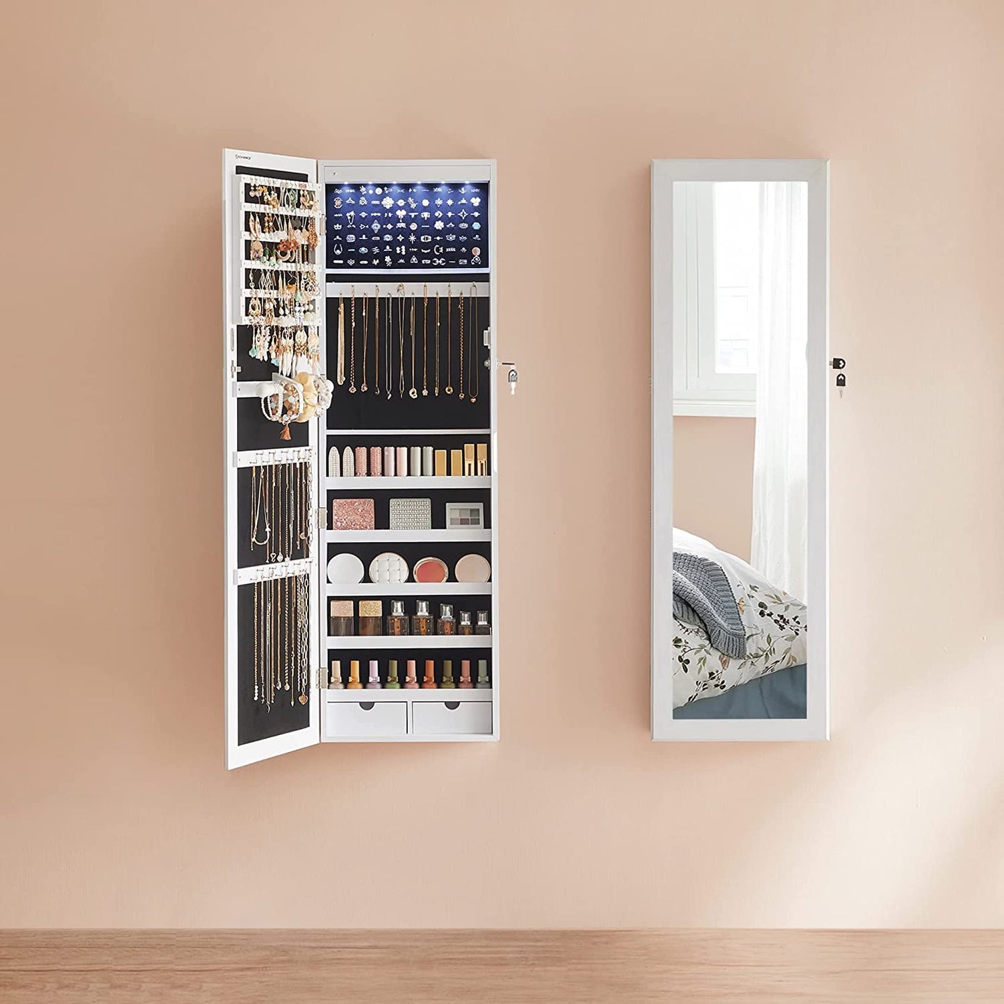 SONGMICS Espejo Joyero con 6 LEDs, Montado en Puerta o Pared, con Cerradura y 2 Cajones, Blanco