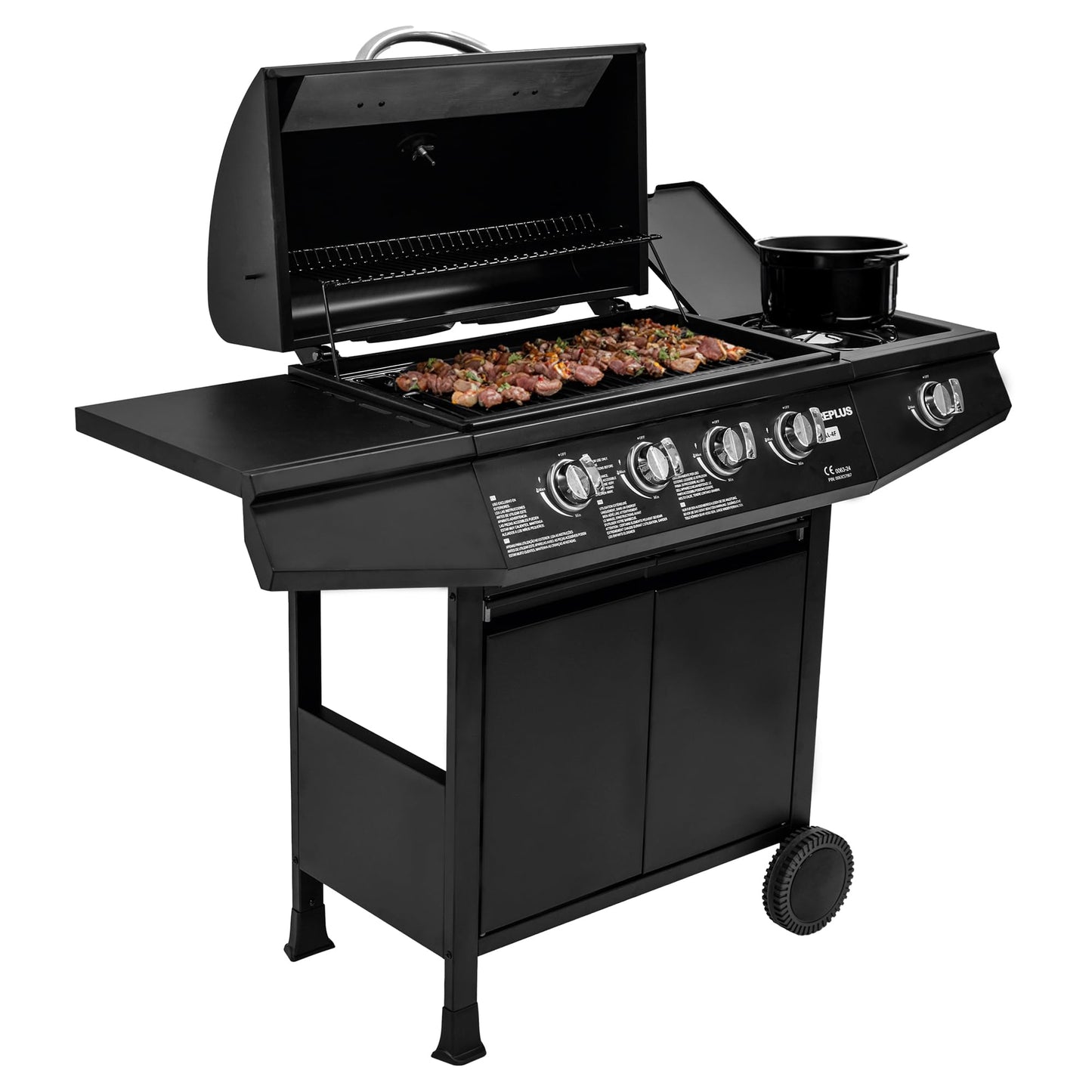 Amig Barbacoa de Gas Fireplus 4+1 de 9,3 kW, Parrilla XXL con Carro y Termómetro, 5 Quemadores, Bandeja Lateral, Acero Inoxidable Negro, 126x52x103 cm