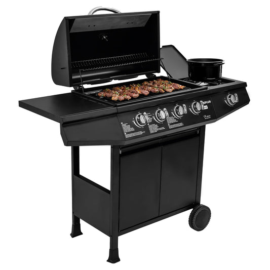 Amig Barbacoa de Gas Fireplus 4+1 de 9,3 kW, Parrilla XXL con Carro y Termómetro, 5 Quemadores, Bandeja Lateral, Acero Inoxidable Negro, 126x52x103 cm