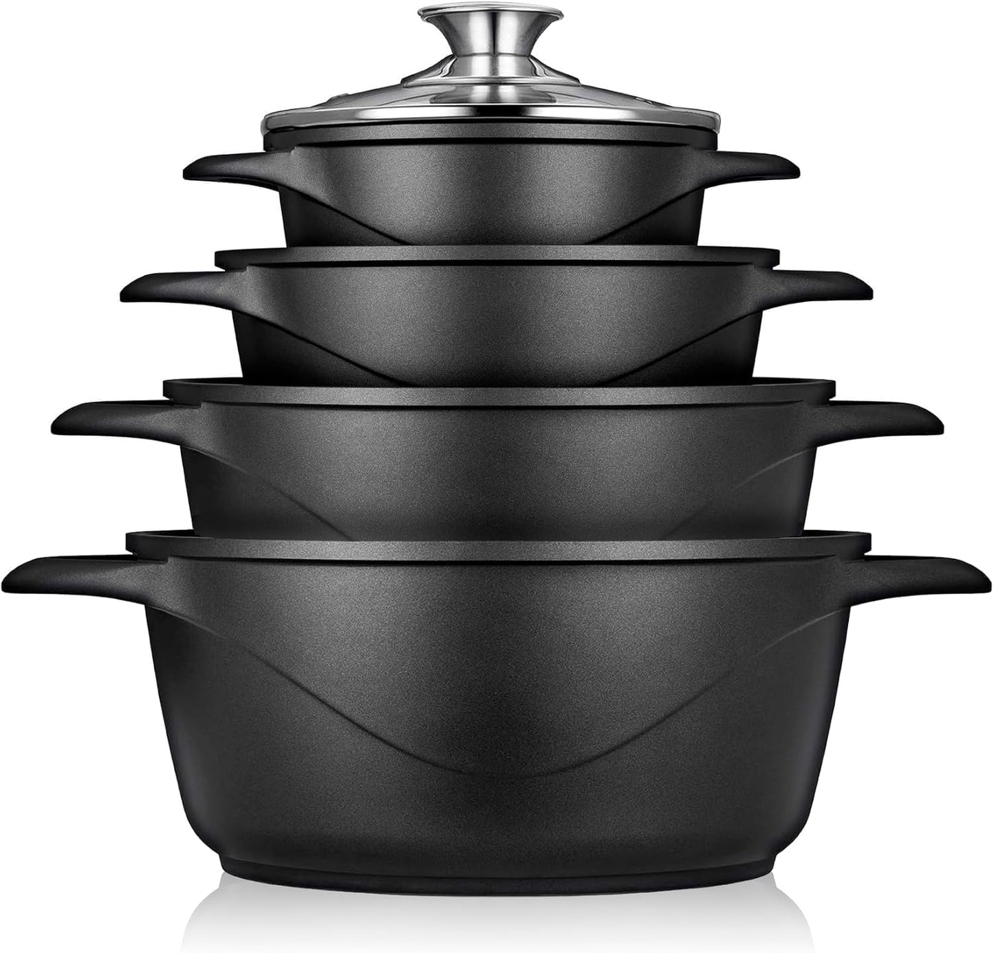 briebe Batería Cocina Inducción 8 Piezas, Aluminio Fundido, Antiadherente ILAG GRANITEC sin PFOA, Tapas Cristal, Guantes Silicona