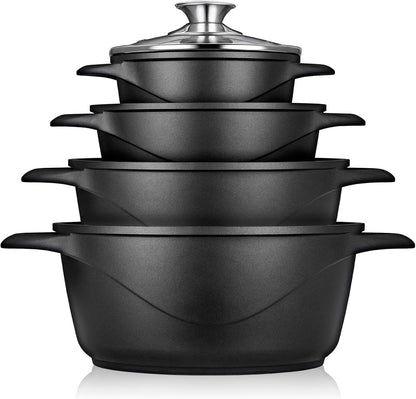 briebe Batería Cocina Inducción 8 Piezas, Aluminio Fundido, Antiadherente ILAG GRANITEC sin PFOA, Tapas Cristal, Guantes Silicona