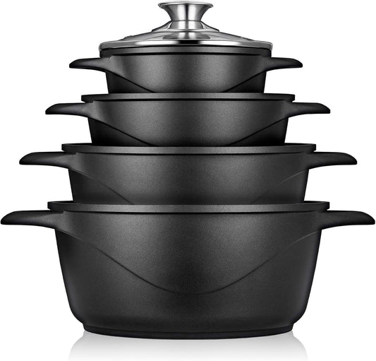 briebe Batería Cocina Inducción 8 Piezas, Aluminio Fundido, Antiadherente ILAG GRANITEC sin PFOA, Tapas Cristal, Guantes Silicona