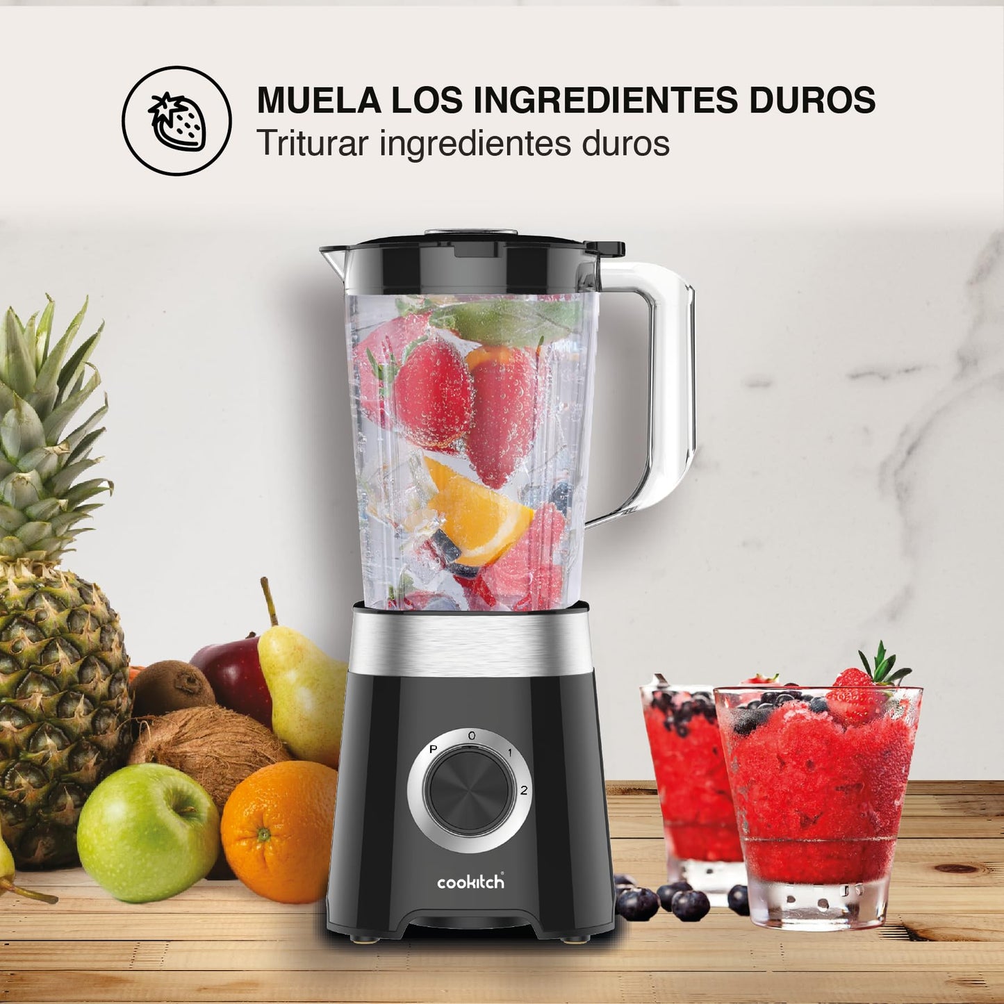 COOKITCH Batidora de Vaso 1.5L, 500W, Jarra de Plástico, 2 Velocidades + Pulso