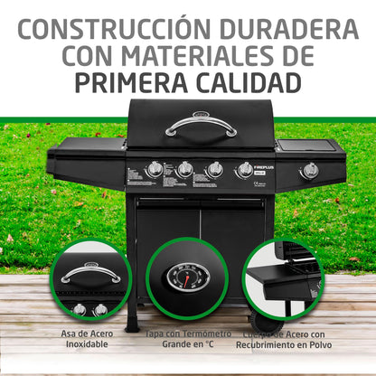 Amig Barbacoa de Gas Fireplus 4+1 de 9,3 kW, Parrilla XXL con Carro y Termómetro, 5 Quemadores, Bandeja Lateral, Acero Inoxidable Negro, 126x52x103 cm