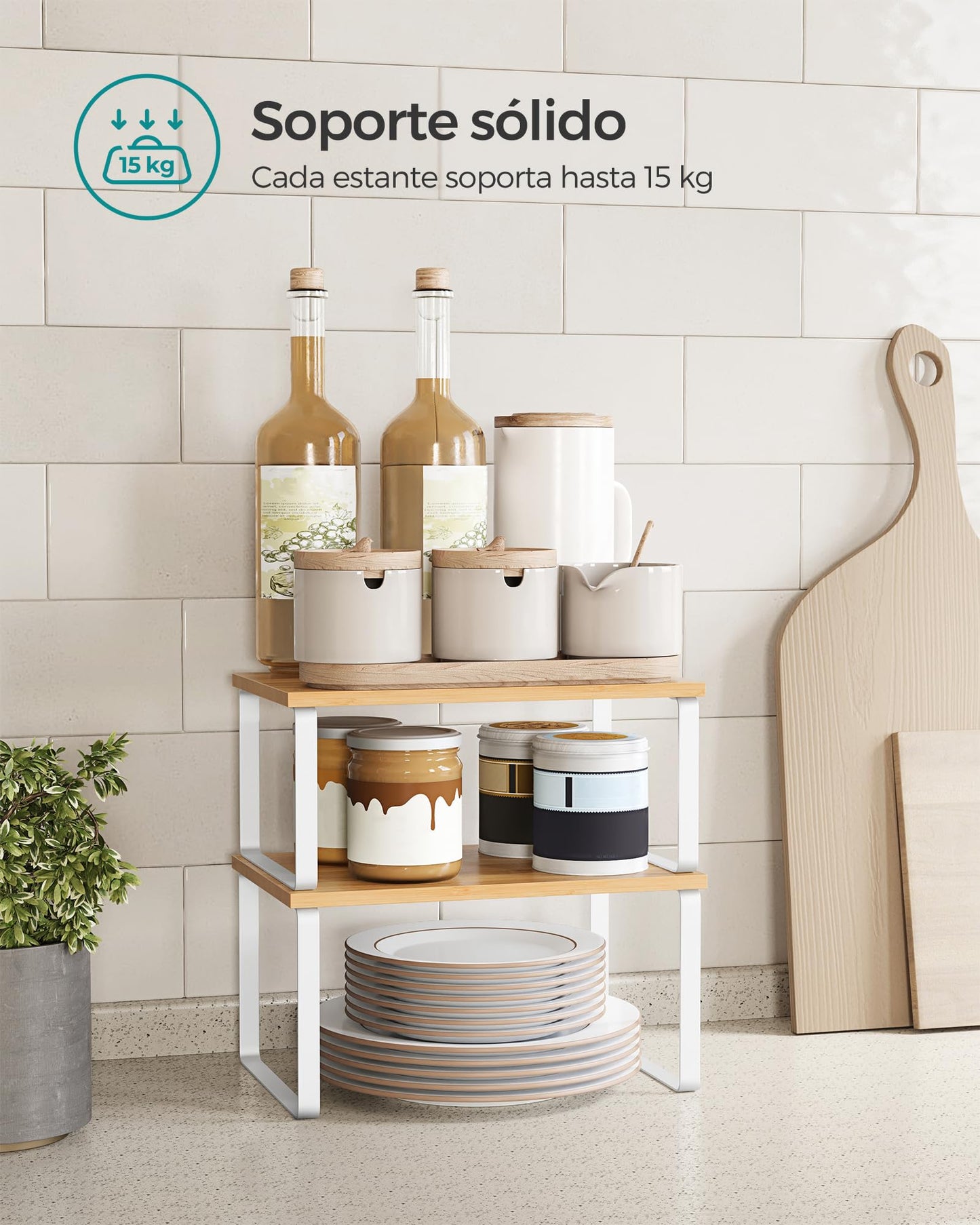 SONGMICS 2-Piece Extendable Spice Rack, Metal and Wood, White and Beige