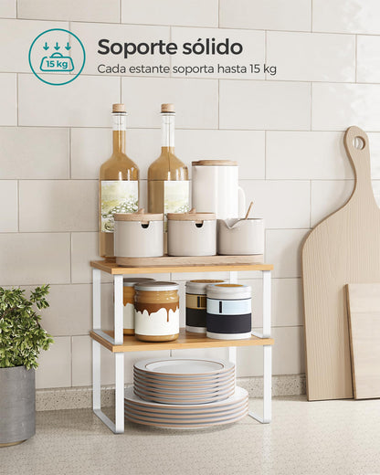 SONGMICS 2-Piece Extendable Spice Rack, Metal and Wood, White and Beige