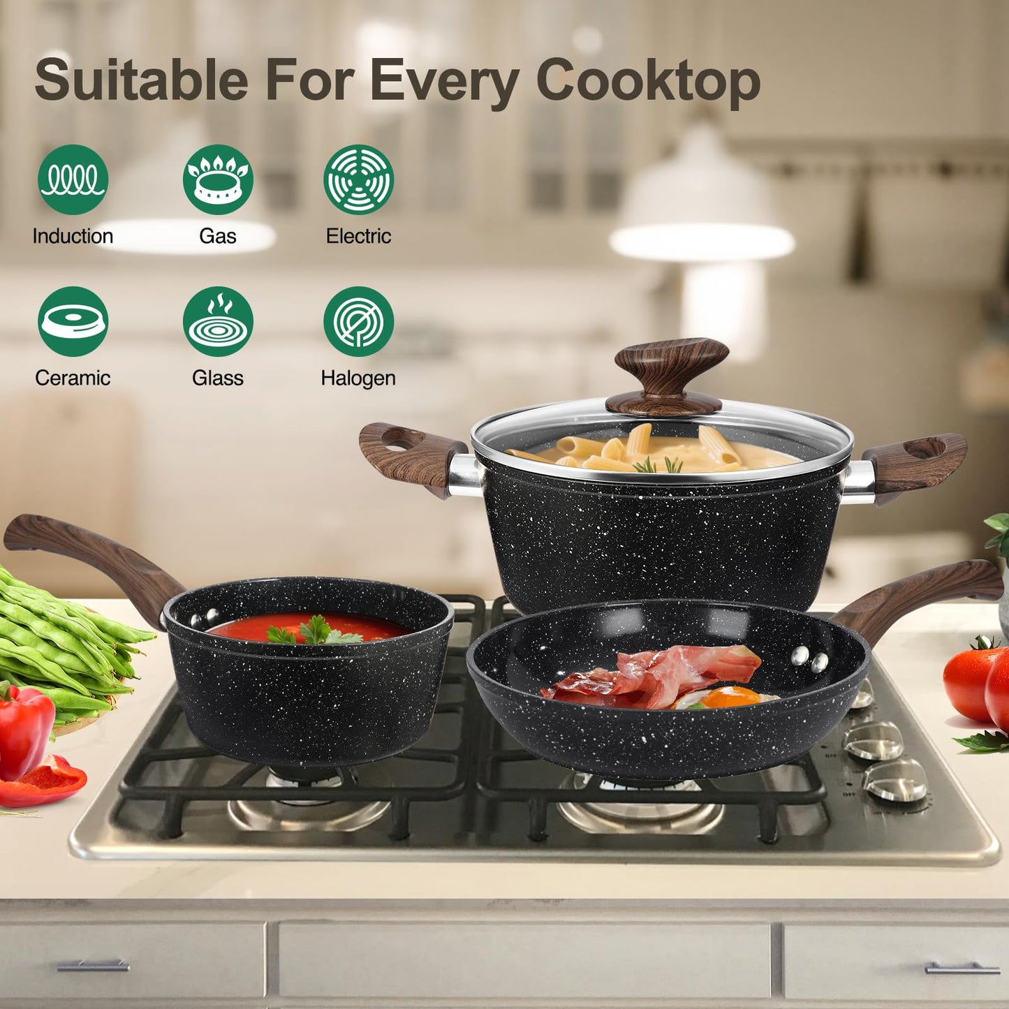 M MELENTA Batería de Cocina Inducción 12 Piezas, Cerámica Antiadherente, Negro