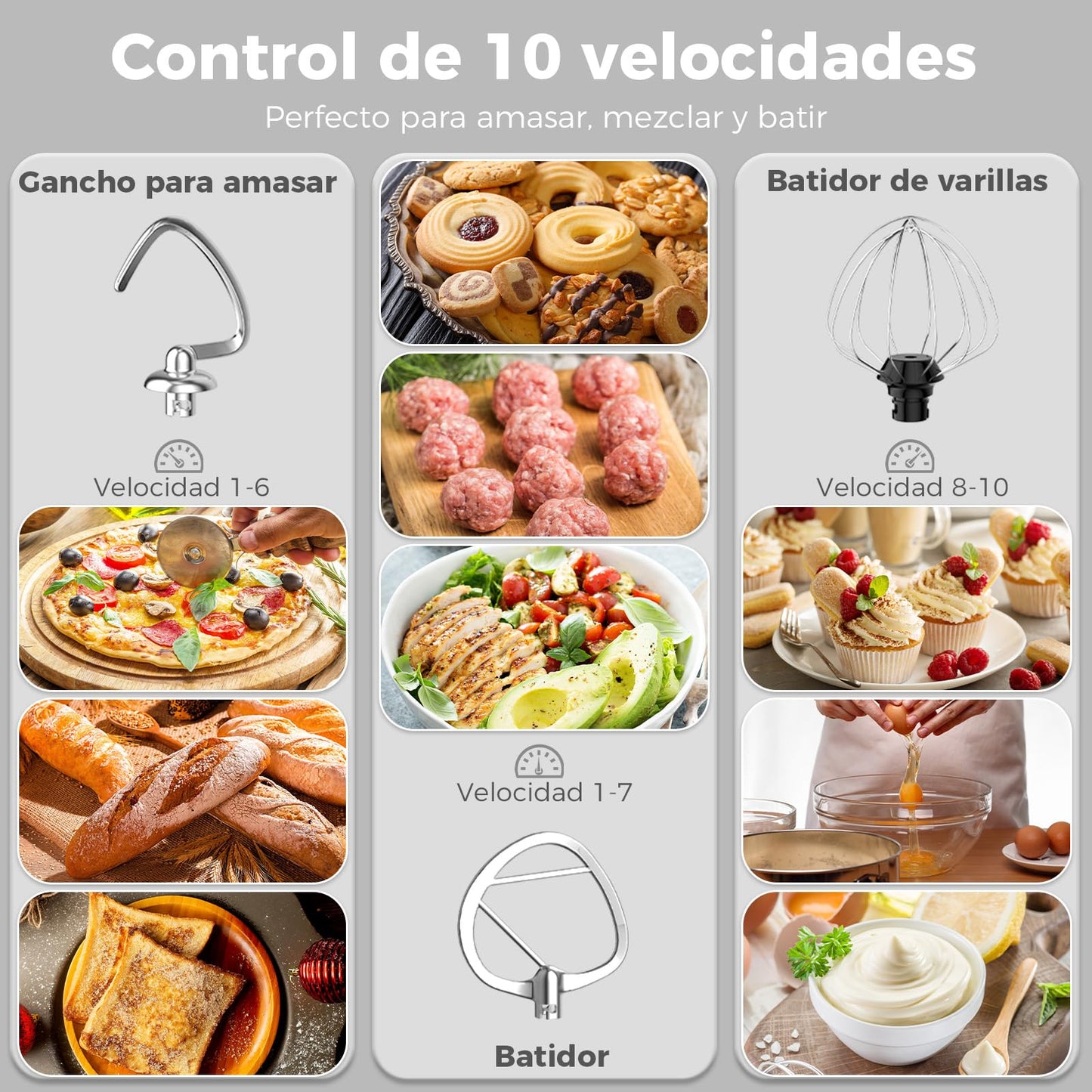 YASHE Batidora Amasadora 1500W, Doble Bol 4.5+5L, 10 Velocidades, Cabezal Inclinable