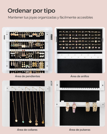 SONGMICS Espejo Joyero con Cerradura, de Longitud Completa, Montaje Sencillo, Blanco y Negro