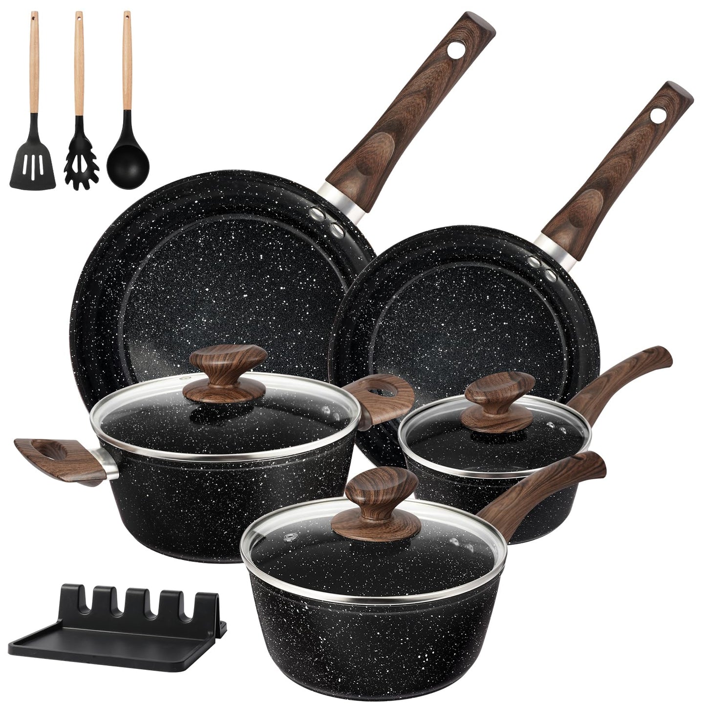 M MELENTA Batería de Cocina Inducción 12 Piezas, Cerámica Antiadherente, Negro