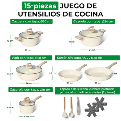 Just Perfecto Batería de Cocina 15 Piezas, Antiadherente, Aluminio, Inducción, Beige