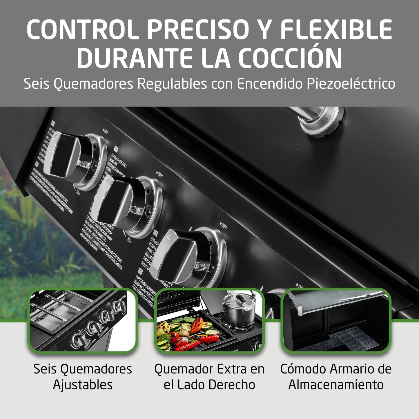 Amig Barbacoa de Gas Fireplus 4+1 de 9,3 kW, Parrilla XXL con Carro y Termómetro, 5 Quemadores, Bandeja Lateral, Acero Inoxidable Negro, 126x52x103 cm