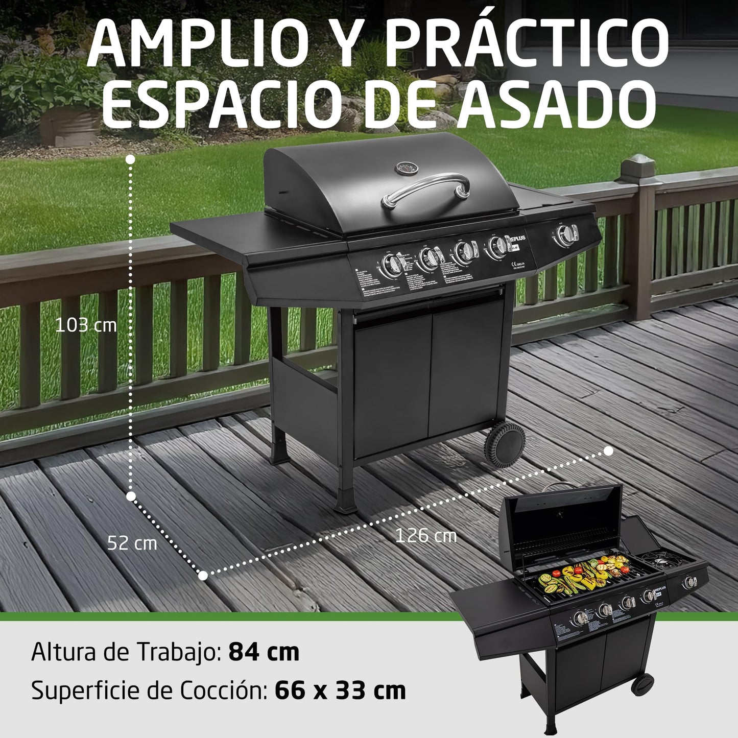 Amig Barbacoa de Gas Fireplus 4+1 de 9,3 kW, Parrilla XXL con Carro y Termómetro, 5 Quemadores, Bandeja Lateral, Acero Inoxidable Negro, 126x52x103 cm