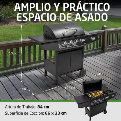 Amig Barbacoa de Gas Fireplus 4+1 de 9,3 kW, Parrilla XXL con Carro y Termómetro, 5 Quemadores, Bandeja Lateral, Acero Inoxidable Negro, 126x52x103 cm