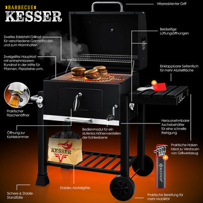 KESSER® Parrilla de Carbón con Carrito y Tapa, Ruedas y Mango de Acero Inoxidable, BBQ Grande para Camping, Terraza y Jardín, Con Termómetro, Color Negro