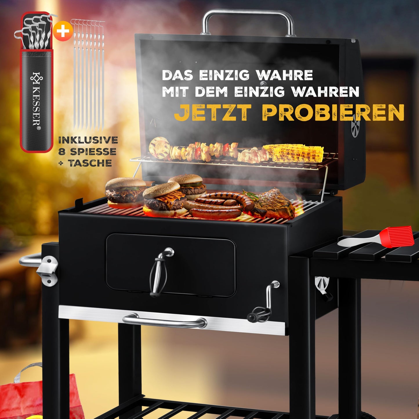 KESSER® Parrilla de Carbón con Carrito y Tapa, Ruedas y Mango de Acero Inoxidable, BBQ Grande para Camping, Terraza y Jardín, Con Termómetro, Color Negro