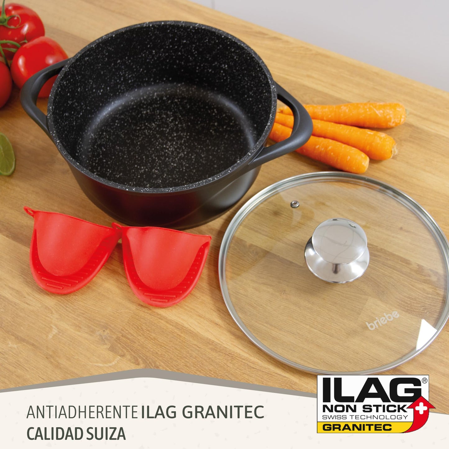 briebe Batería Cocina Inducción 8 Piezas, Aluminio Fundido, Antiadherente ILAG GRANITEC sin PFOA, Tapas Cristal, Guantes Silicona