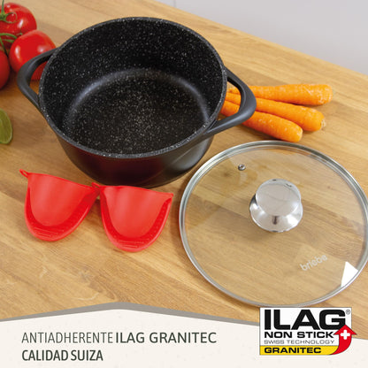 briebe Batería Cocina Inducción 8 Piezas, Aluminio Fundido, Antiadherente ILAG GRANITEC sin PFOA, Tapas Cristal, Guantes Silicona