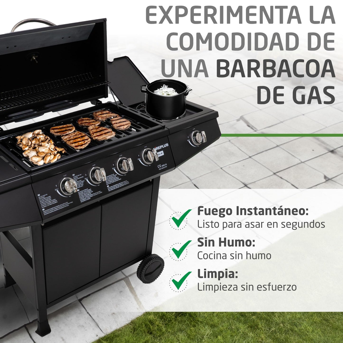 Amig Barbacoa de Gas Fireplus 4+1 de 9,3 kW, Parrilla XXL con Carro y Termómetro, 5 Quemadores, Bandeja Lateral, Acero Inoxidable Negro, 126x52x103 cm