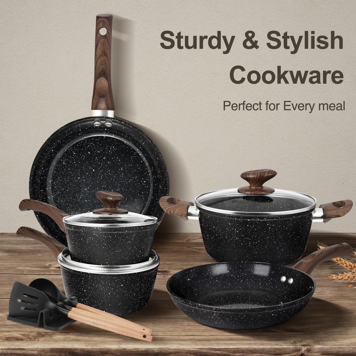 M MELENTA Batería de Cocina Inducción 12 Piezas, Cerámica Antiadherente, Negro