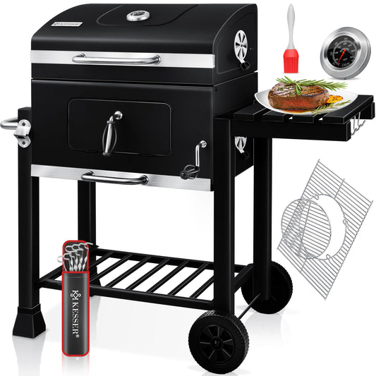 KESSER® Parrilla de Carbón con Carrito y Tapa, Ruedas y Mango de Acero Inoxidable, BBQ Grande para Camping, Terraza y Jardín, Con Termómetro, Color Negro